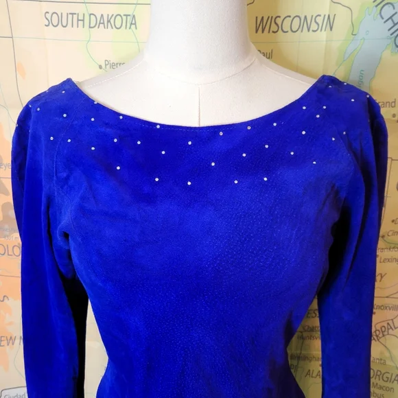 Vintage 1980s Suede Electric Blue Knee Length Dress With Rhinestones Size M - Picture 3 of 16